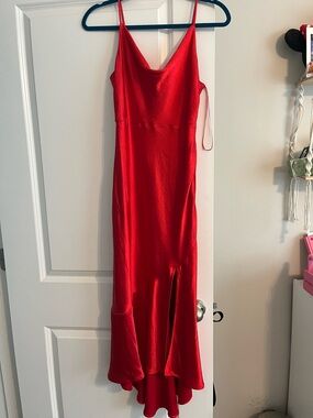Red Satin Midi Slit Dress